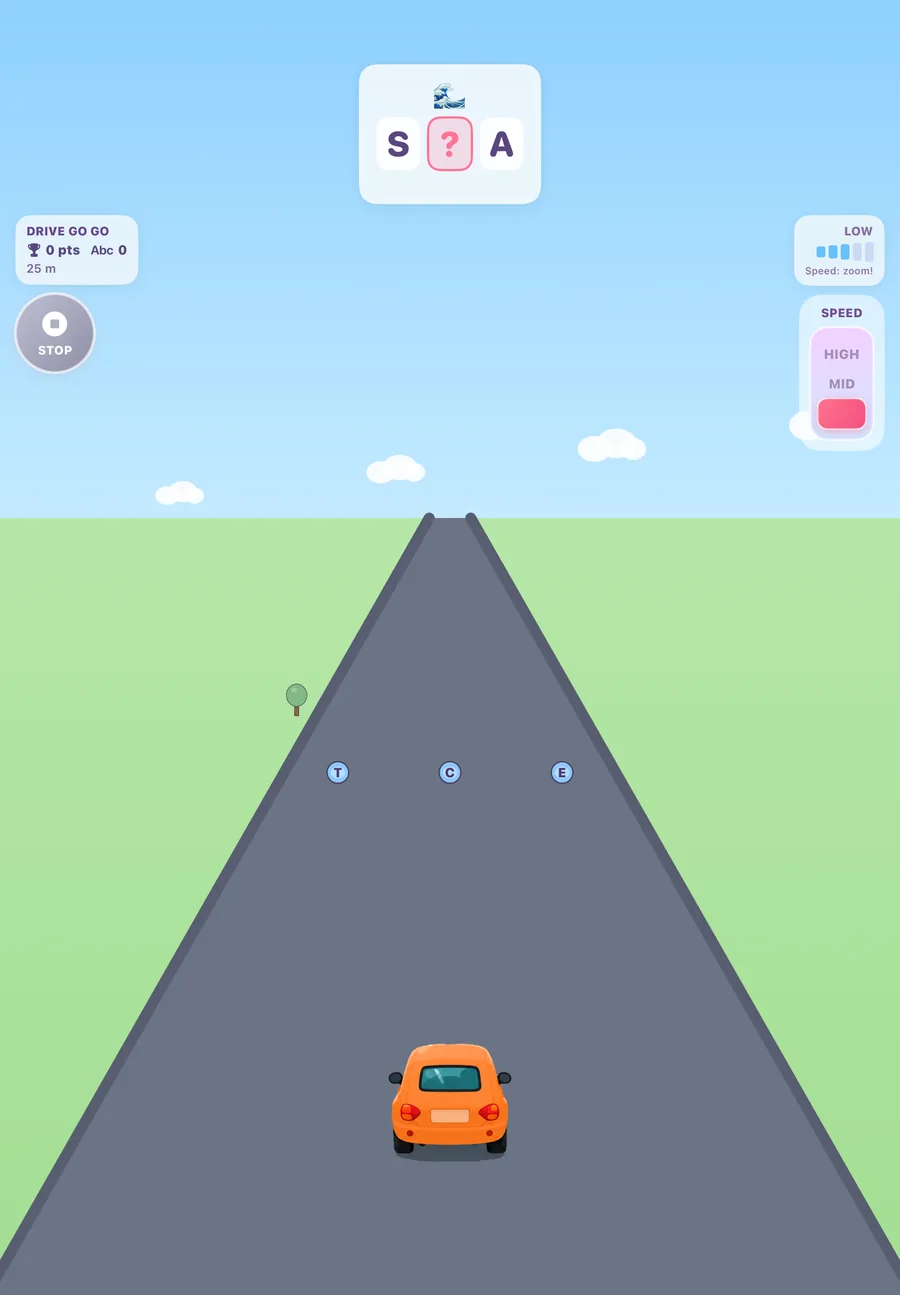 The word appears with one letter missing, plus an emoji hint. Three letters are coming up on the road — steer to the right one.